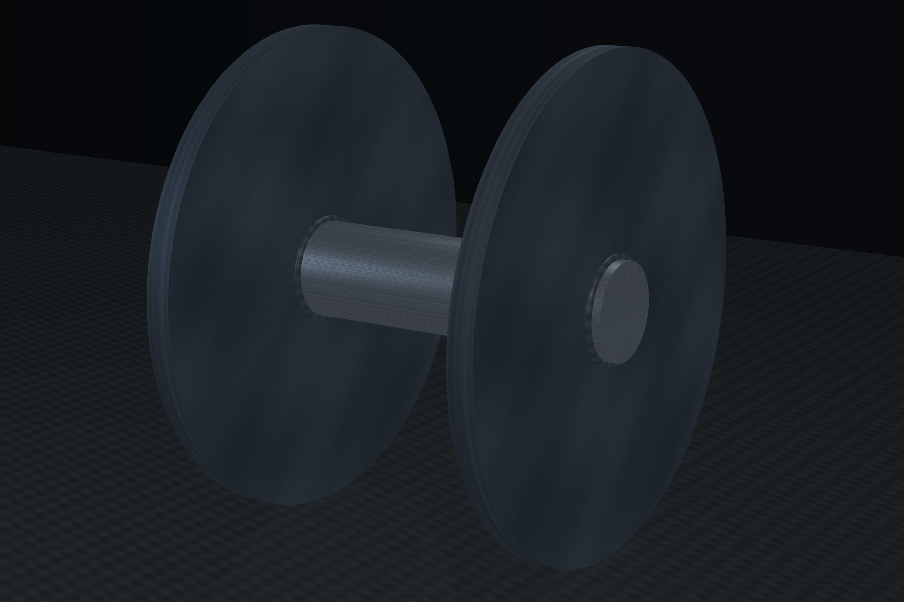 A dark photorealistic CAD rendering of a fixed dumbbell with two broad round plates and an exposed thick cylindrical steel handle, shown at a three-quarter angle on a dark textured surface.